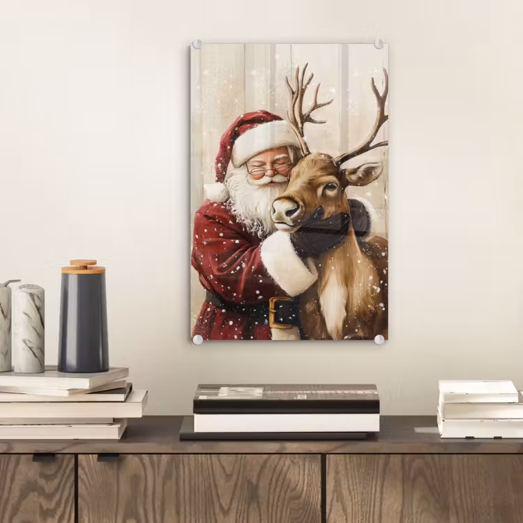 Glas schilderij - Kerstman - Rendier - Sneeuw - Kleurrijk — 2