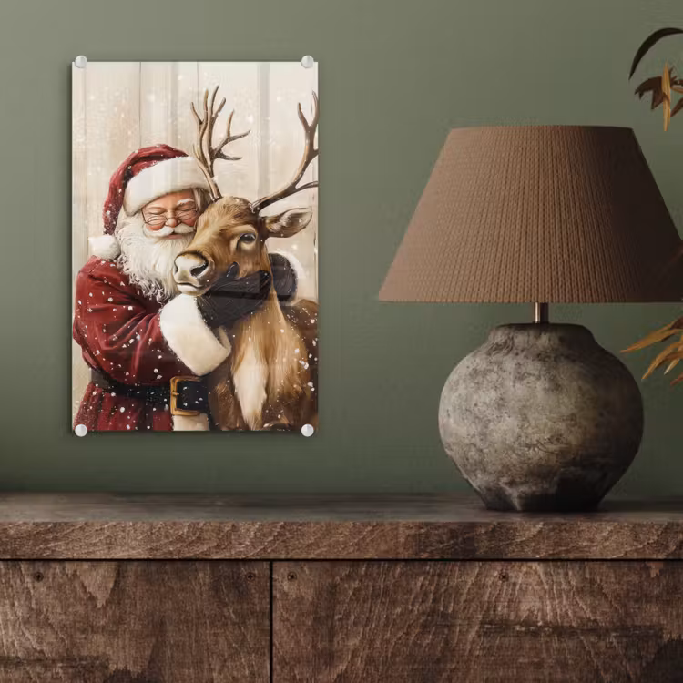 Glas schilderij - Kerstman - Rendier - Sneeuw - Kleurrijk — 4