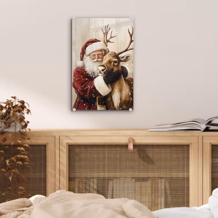 Glas schilderij - Kerstman - Rendier - Sneeuw - Kleurrijk — 5