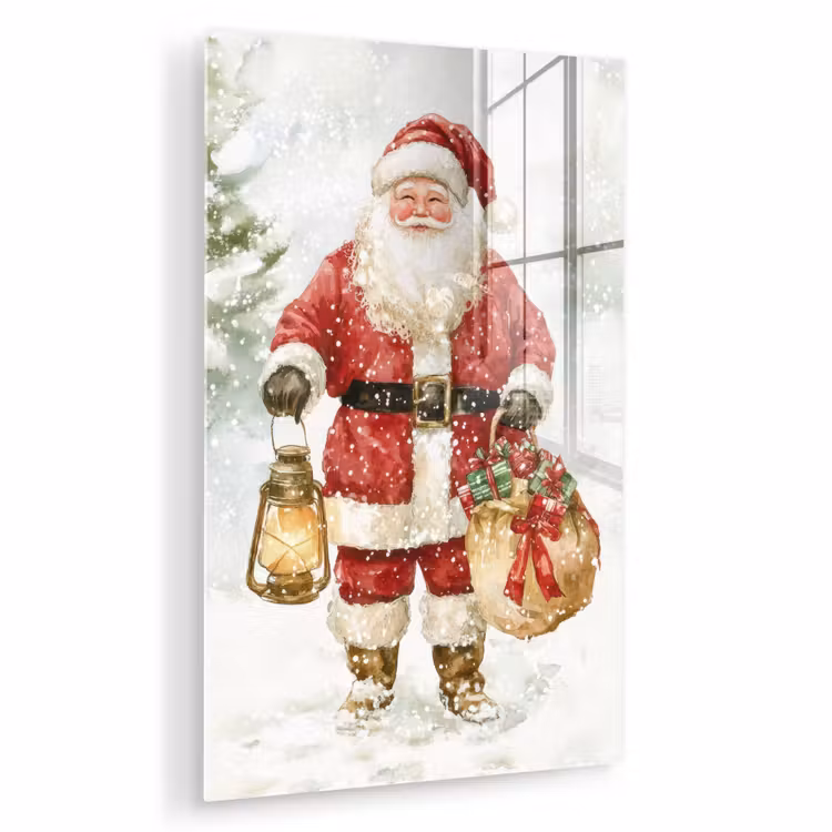 Glas schilderij - Kerstman- Winter - Sneeuw - Wit - Rood — 1