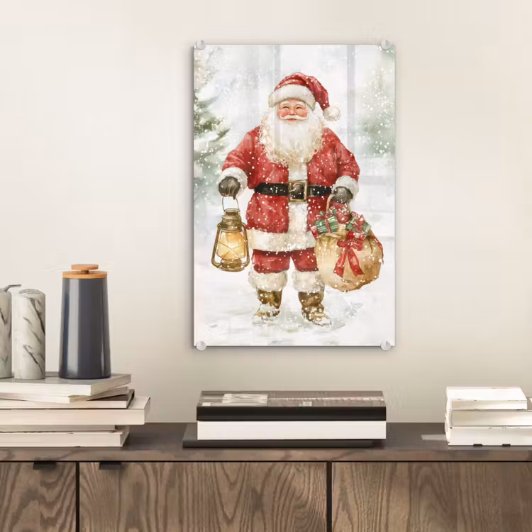 Glas schilderij - Kerstman- Winter - Sneeuw - Wit - Rood — 2