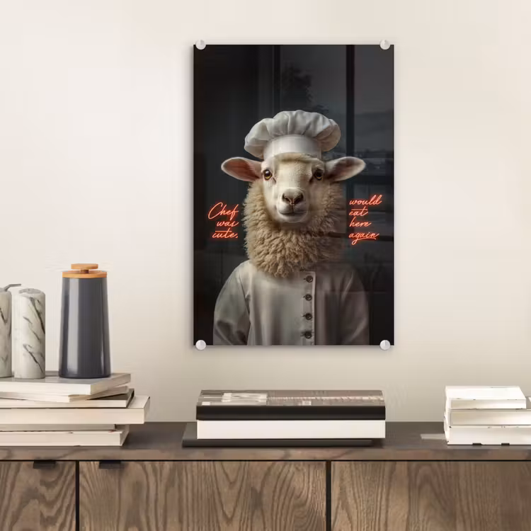 Glas schilderij - Schaap - Kokskleding - Neon - Quote — 2