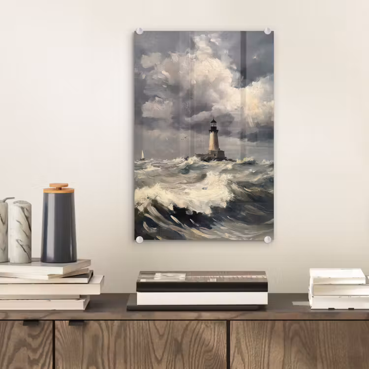 Glas schilderij - Vuurtoren - Golven - Storm — 2