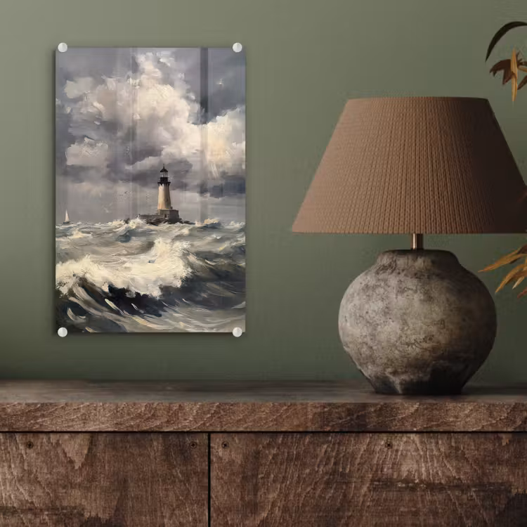Glas schilderij - Vuurtoren - Golven - Storm — 4