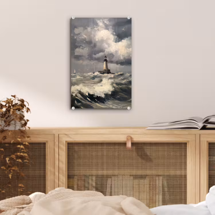 Glas schilderij - Vuurtoren - Golven - Storm — 5