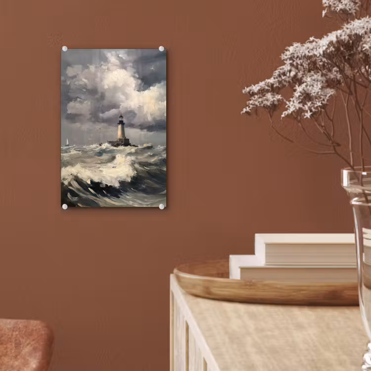 Glas schilderij - Vuurtoren - Golven - Storm — 6