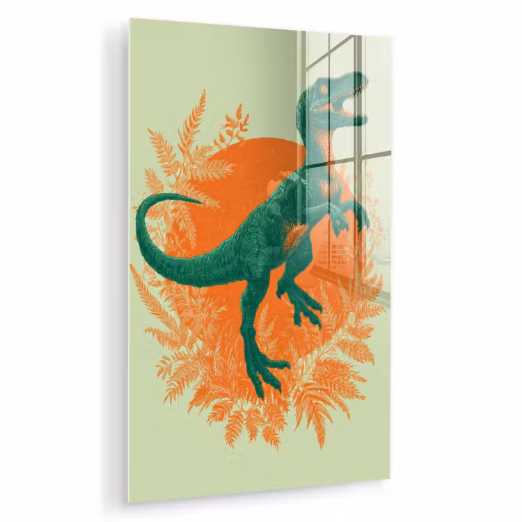 Glas schilderij - Dinosaurus - Groen - Planten - Cirkel — 1