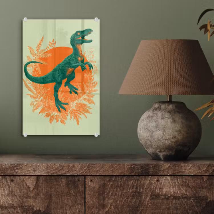 Glas schilderij - Dinosaurus - Groen - Planten - Cirkel — 4