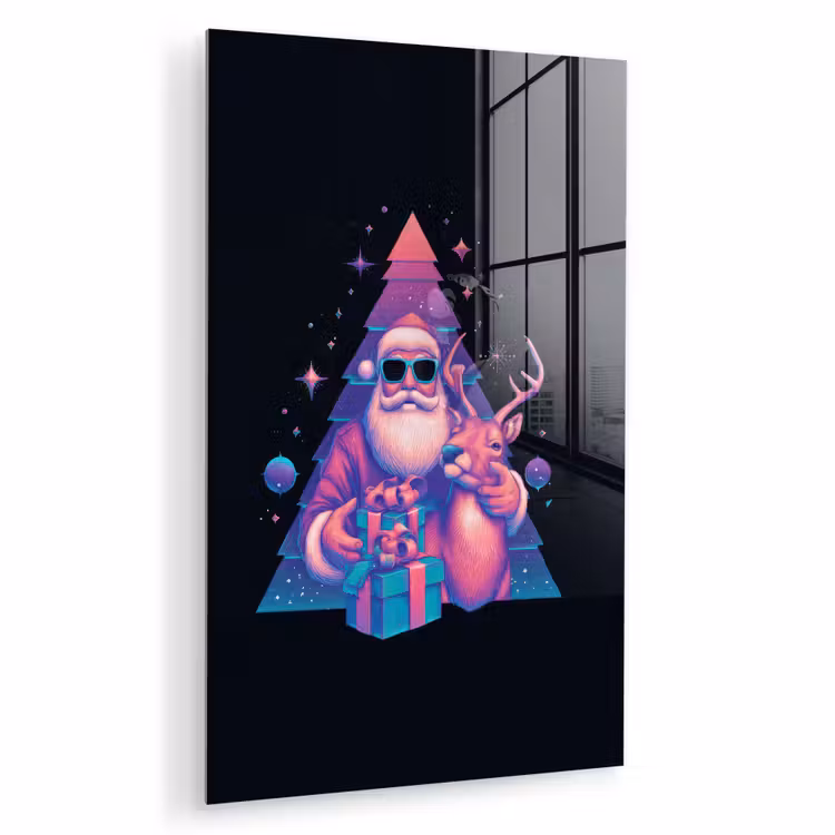 Glas schilderij - Retro - Kerstman - Rendieren - Kerstboom — 1