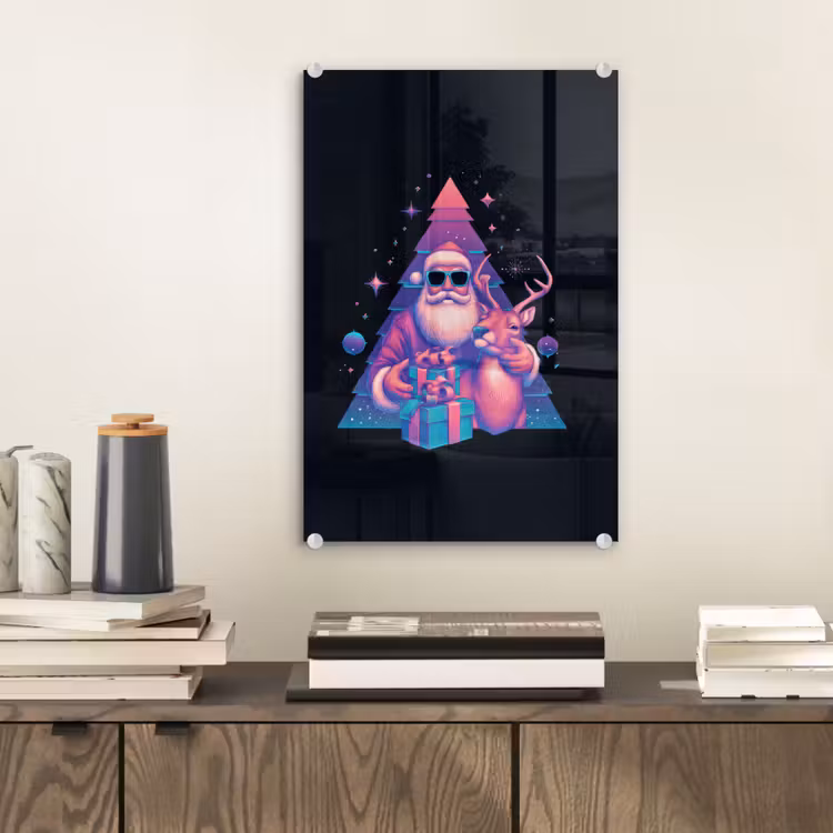 Glas schilderij - Retro - Kerstman - Rendieren - Kerstboom — 2