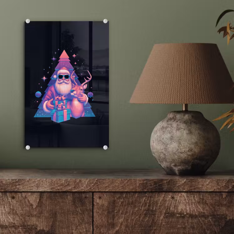 Glas schilderij - Retro - Kerstman - Rendieren - Kerstboom — 4