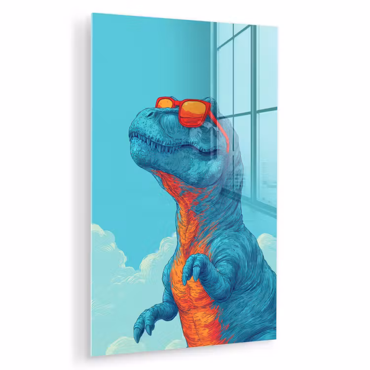 Glas schilderij - T-Rex - Blauw - Wolken - Zonnebril — 1