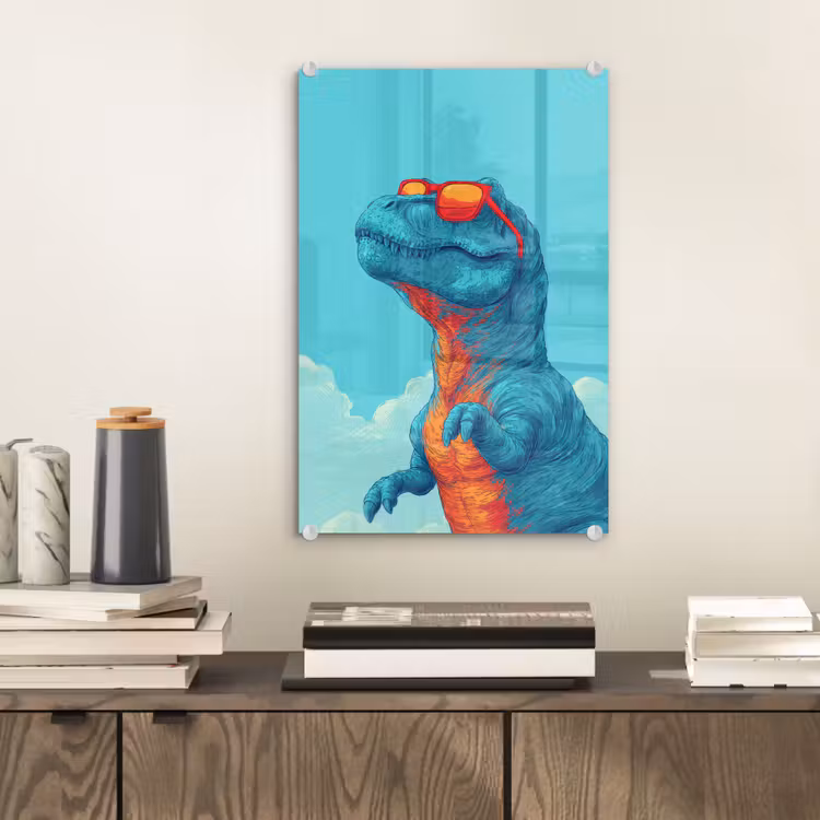 Glas schilderij - T-Rex - Blauw - Wolken - Zonnebril — 2