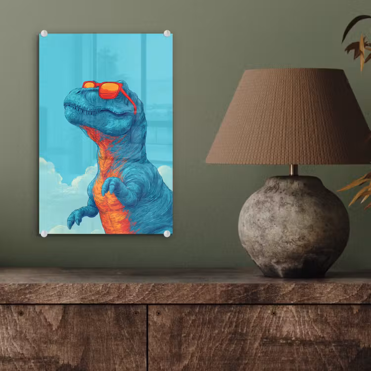 Glas schilderij - T-Rex - Blauw - Wolken - Zonnebril — 4