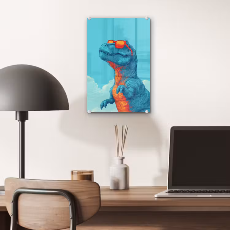 Glas schilderij - T-Rex - Blauw - Wolken - Zonnebril — 7