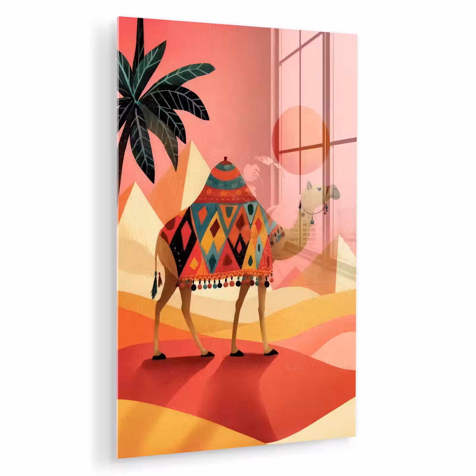 Glas schilderij - Kameel - Pyramides - Rode zon — 1