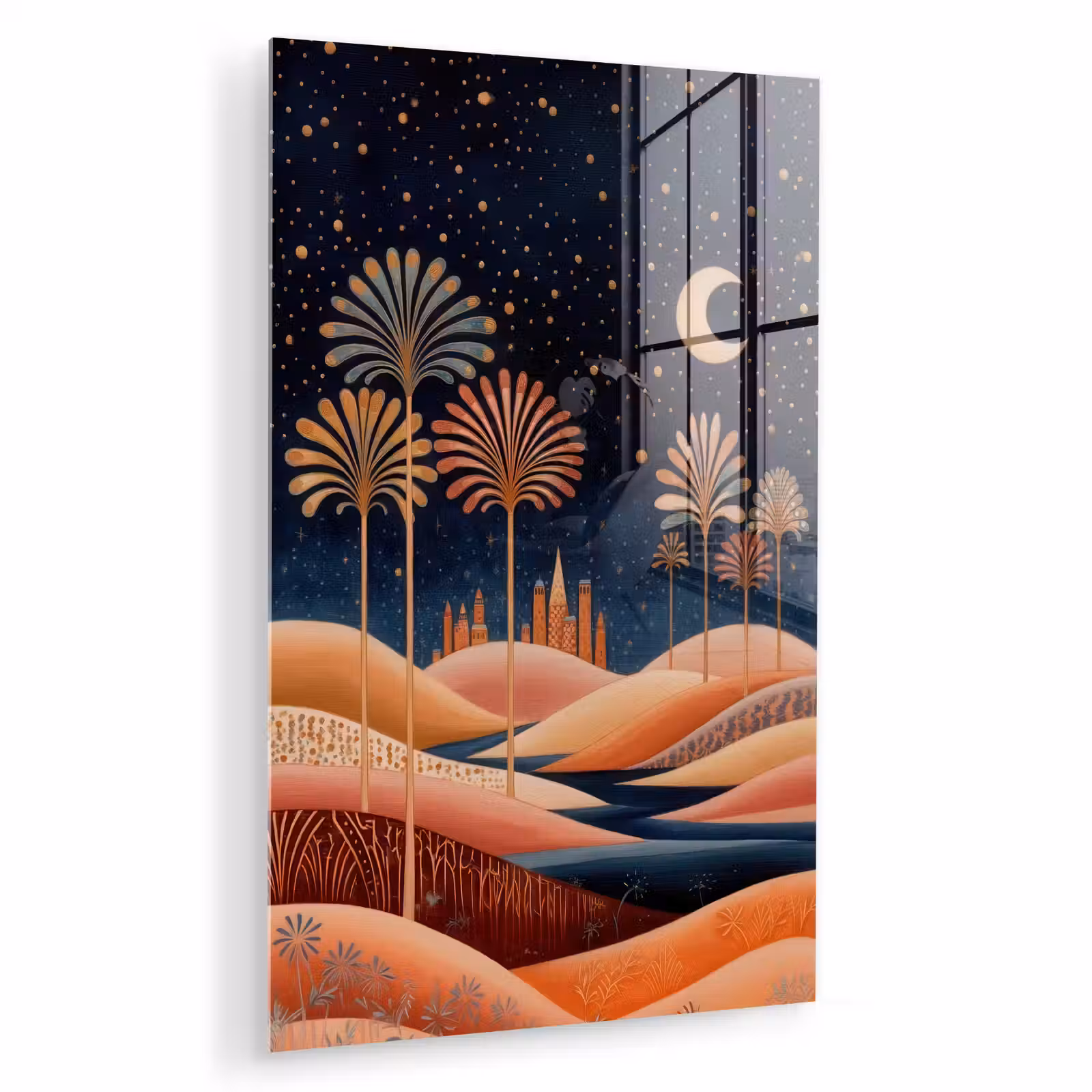 Glas schilderij - Sterrenhemel - Palmen - Rivier — 1