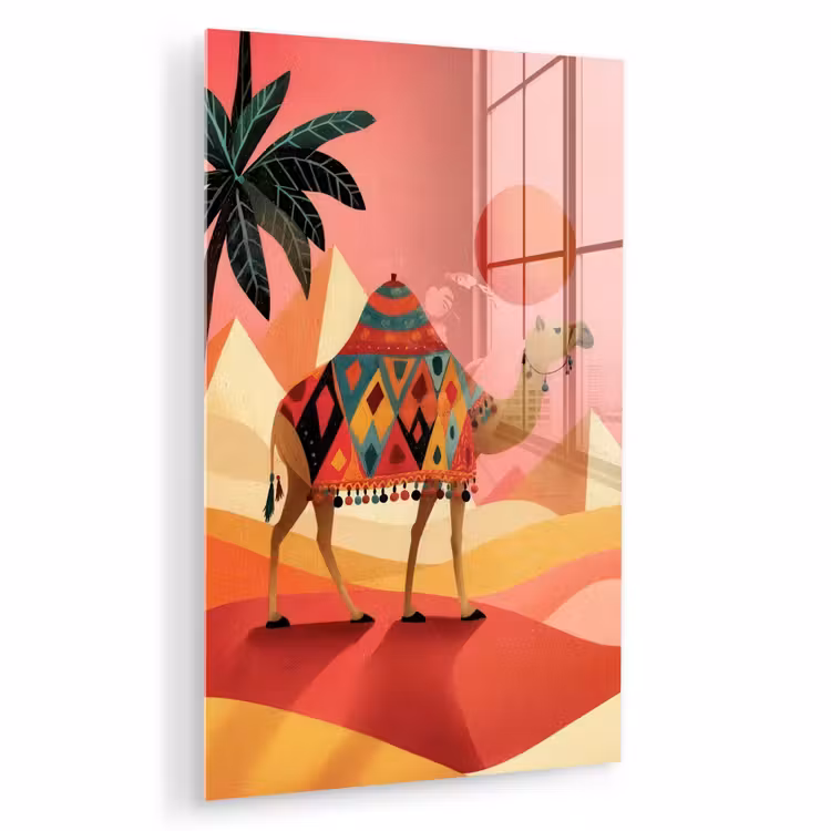 Glas schilderij - Kameel - Pyramides - Rode zon — 1