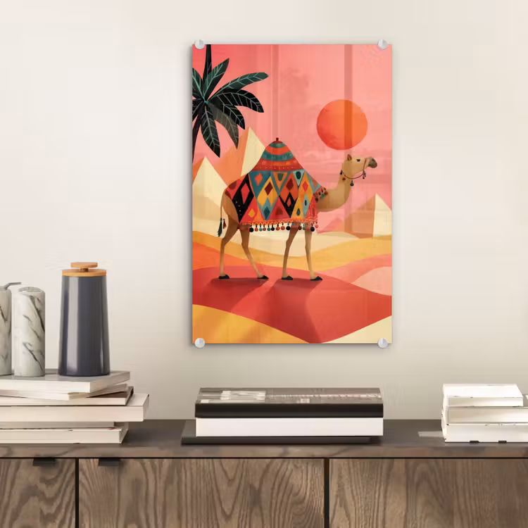 Glas schilderij - Kameel - Pyramides - Rode zon — 2