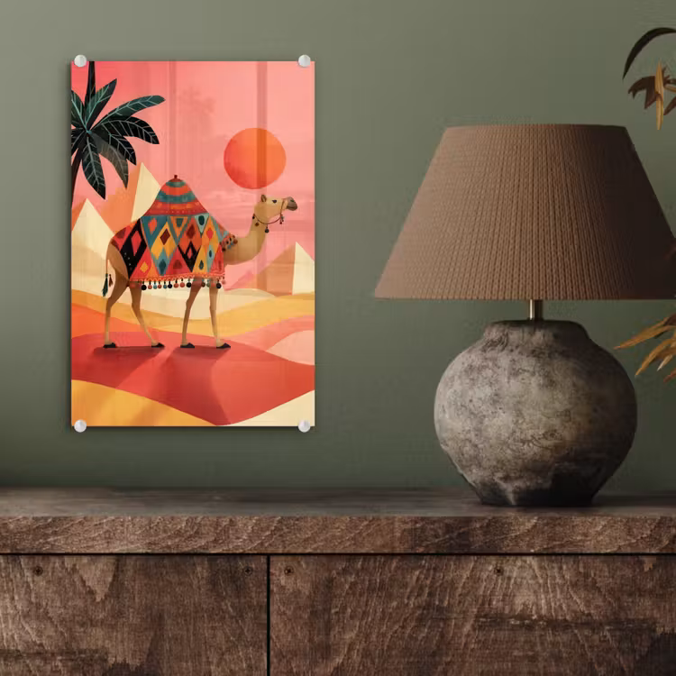 Glas schilderij - Kameel - Pyramides - Rode zon — 4