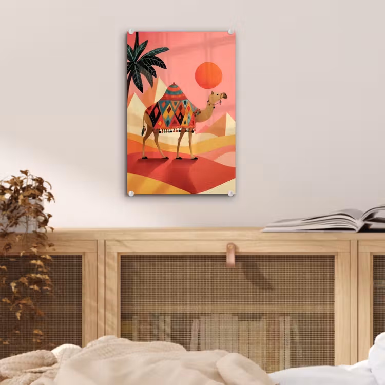 Glas schilderij - Kameel - Pyramides - Rode zon — 5