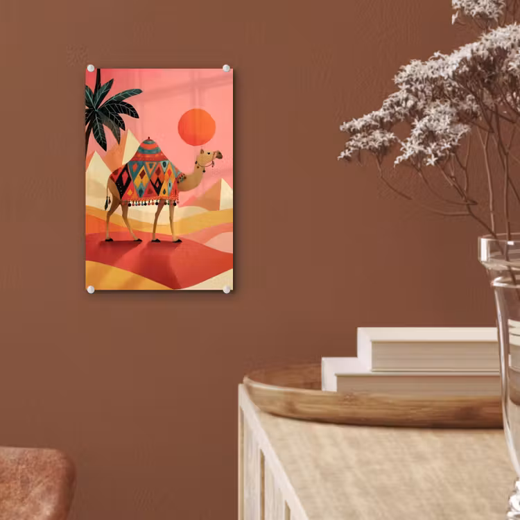 Glas schilderij - Kameel - Pyramides - Rode zon — 6