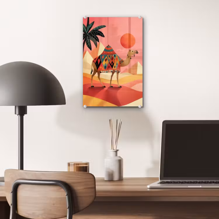 Glas schilderij - Kameel - Pyramides - Rode zon — 7