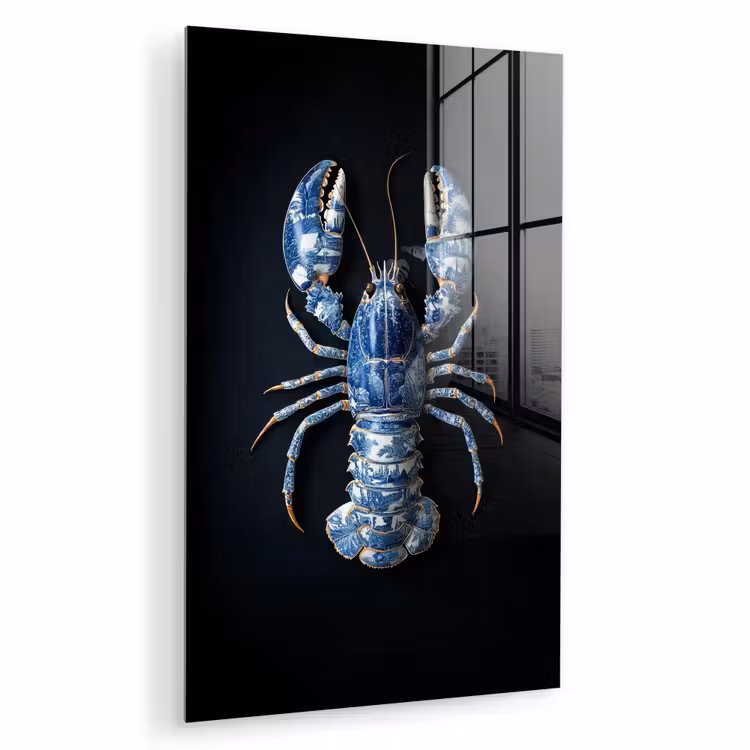 Glas schilderij - Kreeft - Delftsblauw - Schild - Stoer — 1