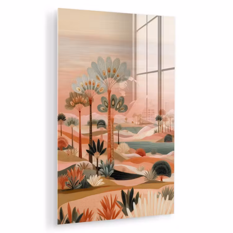 Glas schilderij - Roze landschap - Palmen - Water — 1