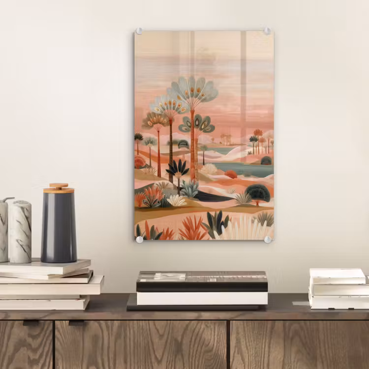 Glas schilderij - Roze landschap - Palmen - Water — 2