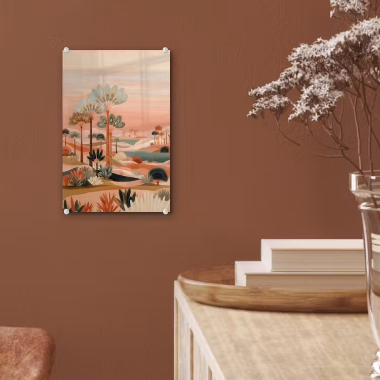 Glas schilderij - Roze landschap - Palmen - Water — 6