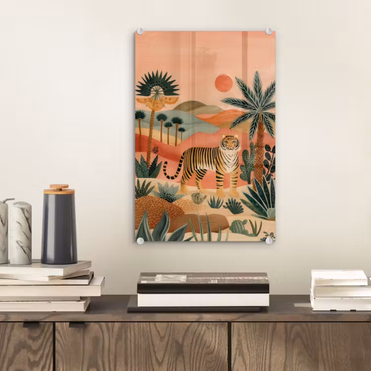 Glas schilderij - Tijger - Kleurrijk - Palmen - Cactus — 2