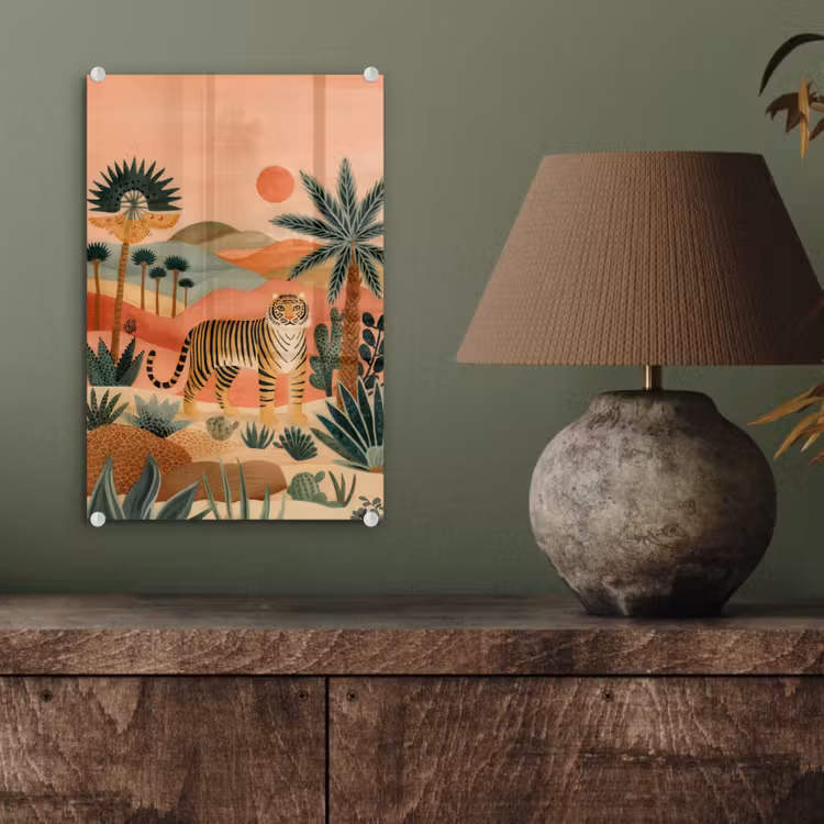 Glas schilderij - Tijger - Kleurrijk - Palmen - Cactus — 4