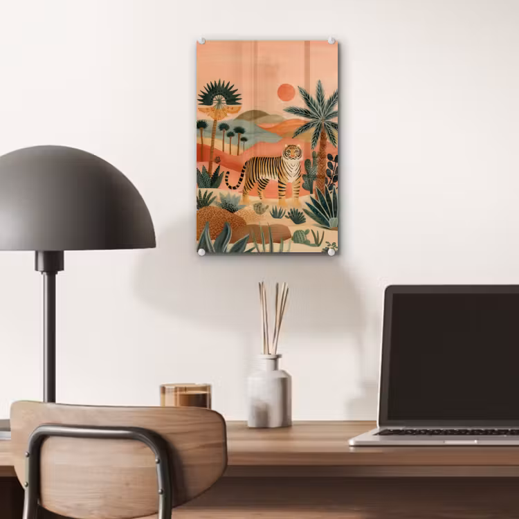 Glas schilderij - Tijger - Kleurrijk - Palmen - Cactus — 7