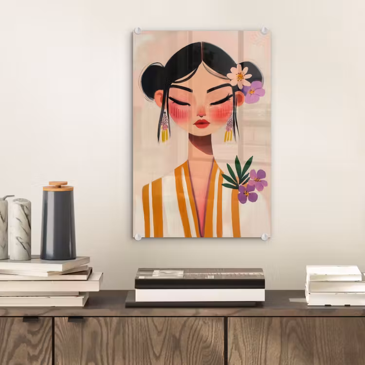 Glas schilderij - Vrouw - Bloemen - Pastel — 2