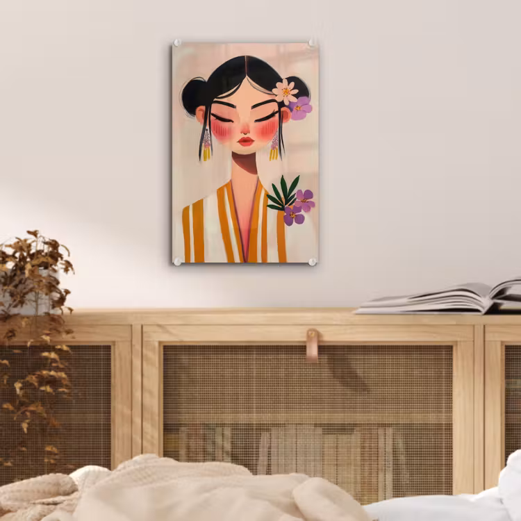 Glas schilderij - Vrouw - Bloemen - Pastel — 5