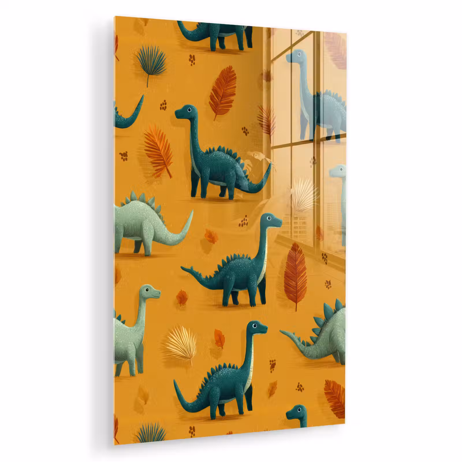 Glas schilderij - Dinosaurussen - Stekels - Herfstbladeren - Bruin — 1