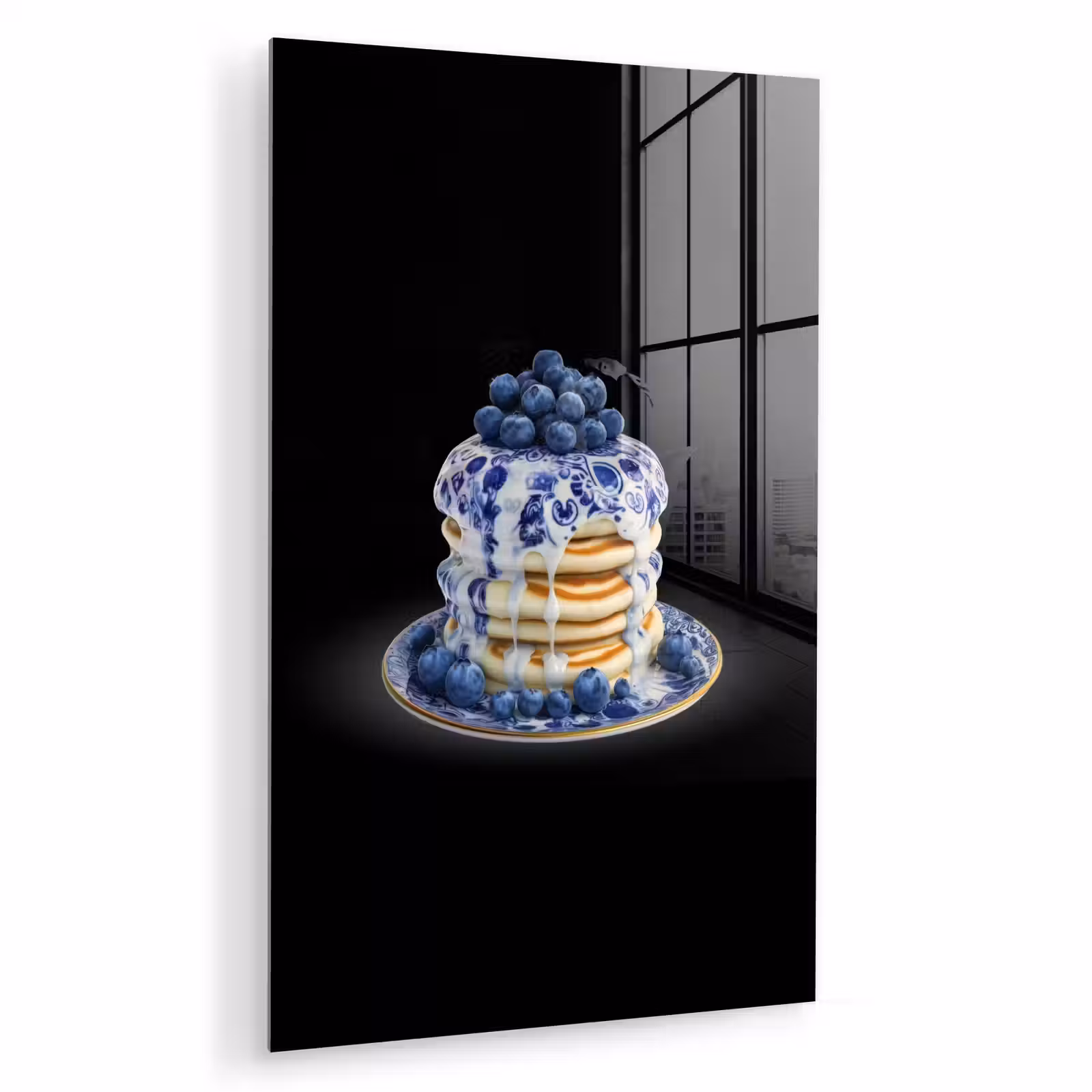 Glas schilderij - Pannenkoeken - Blauwe Bessen - Bord — 1