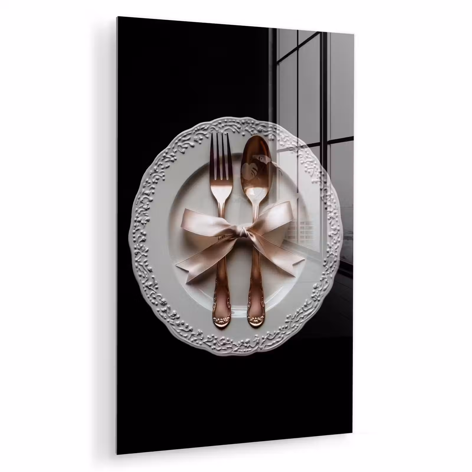 Glas schilderij - Rose - Strik - Bestek — 1