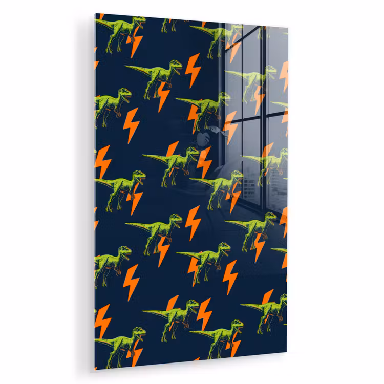 Glas schilderij - Bliksemschichten - Oranje - Dinosaurussen — 1