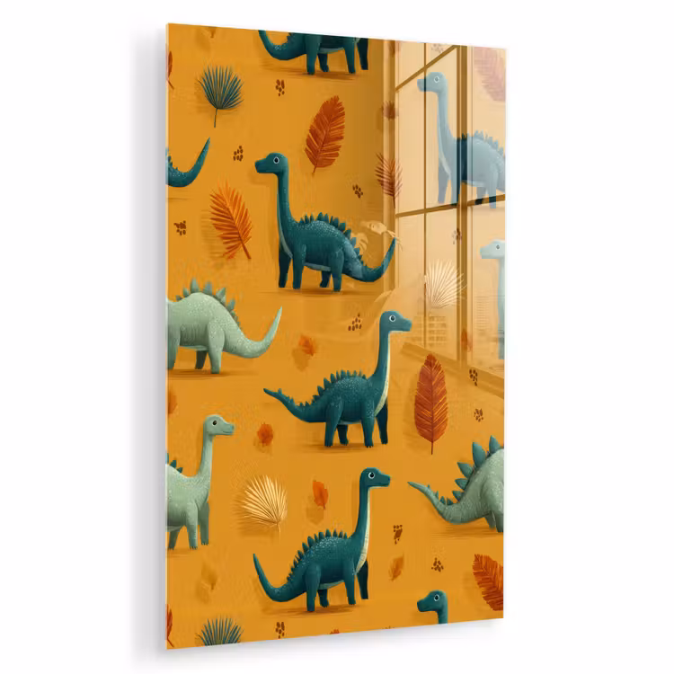 Glas schilderij - Dinosaurussen - Stekels - Herfstbladeren - Bruin — 1