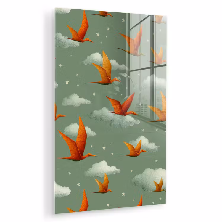 Glas schilderij - Dinosaurussen - Wolken - Sterren - Oranje — 1