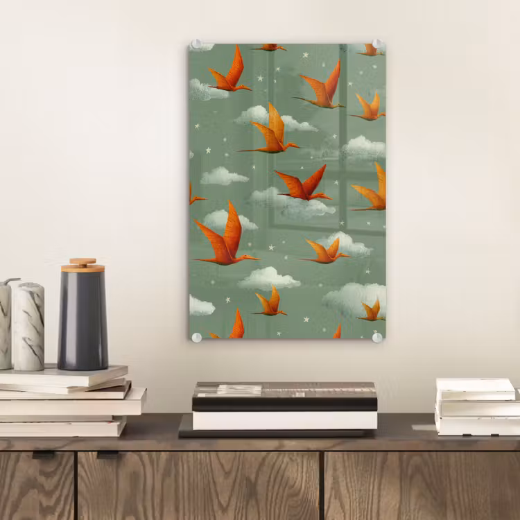 Glas schilderij - Dinosaurussen - Wolken - Sterren - Oranje — 2