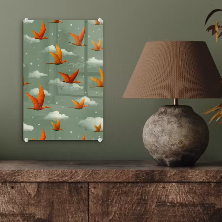 Glas schilderij - Dinosaurussen - Wolken - Sterren - Oranje — 4