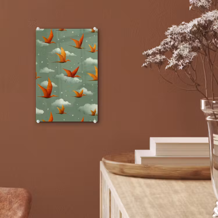 Glas schilderij - Dinosaurussen - Wolken - Sterren - Oranje — 6