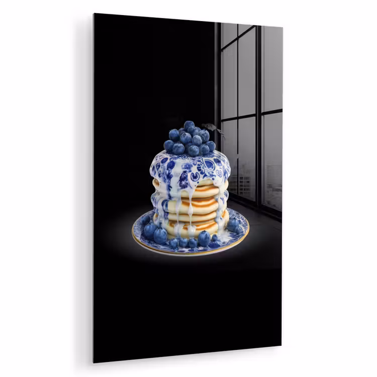 Glas schilderij - Pannenkoeken - Blauwe Bessen - Bord — 1