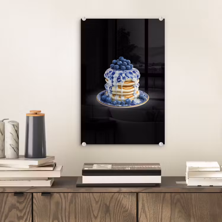 Glas schilderij - Pannenkoeken - Blauwe Bessen - Bord — 2