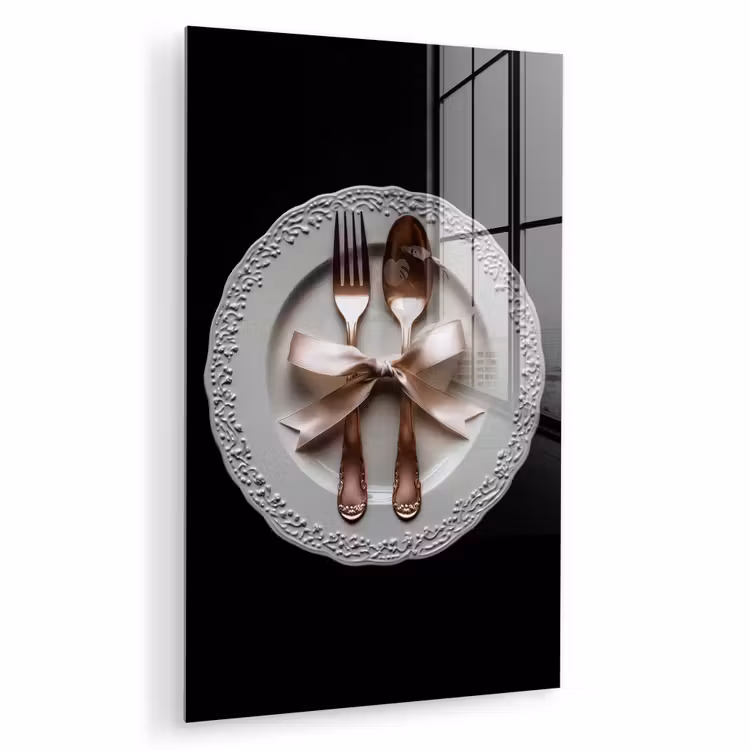Glas schilderij - Rose - Strik - Bestek — 1