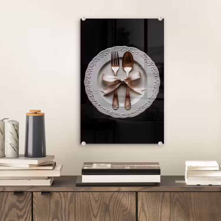 Glas schilderij - Rose - Strik - Bestek — 2