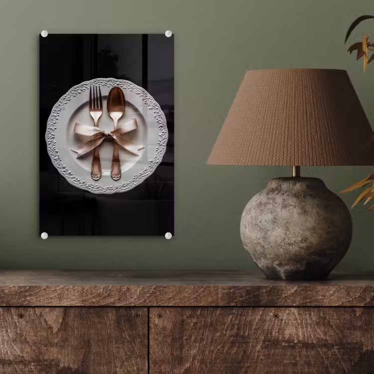 Glas schilderij - Rose - Strik - Bestek — 4